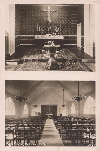 kościół w Bobrku na pocztówce z lat 40 XX wieku