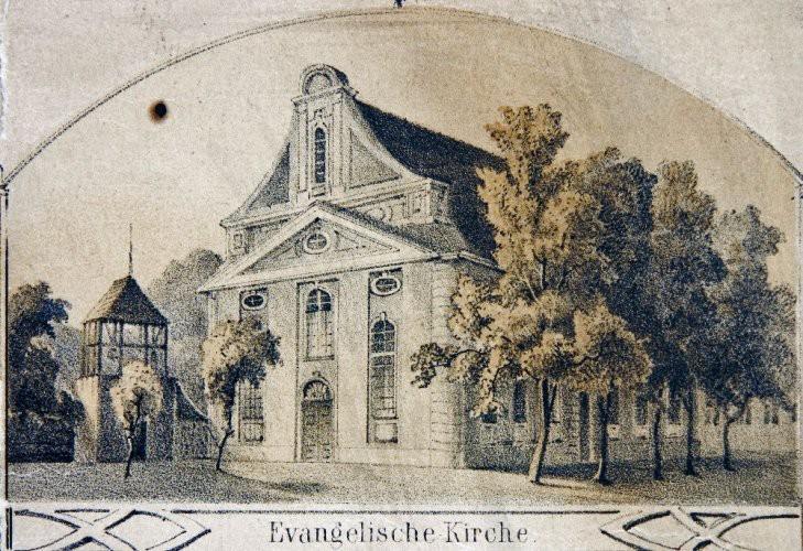 Kościół na rycinie Juliusa Gretha z 1848-1853 r.
