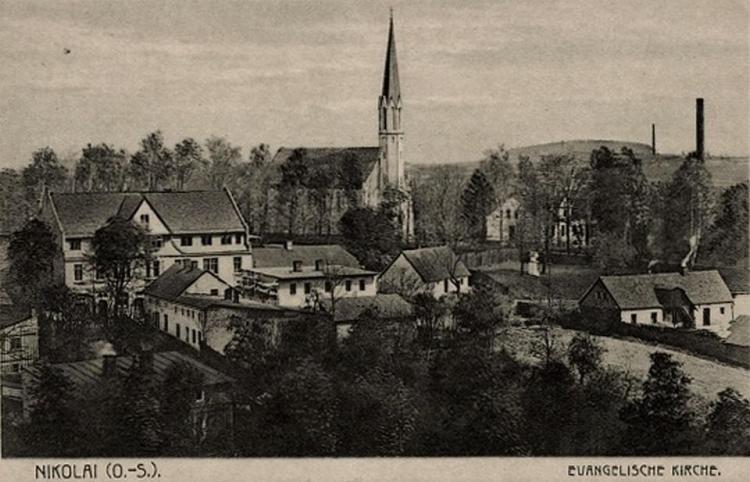 Kościół ewangelicki w Mikołowie na pocztówce z początku XX wieku
