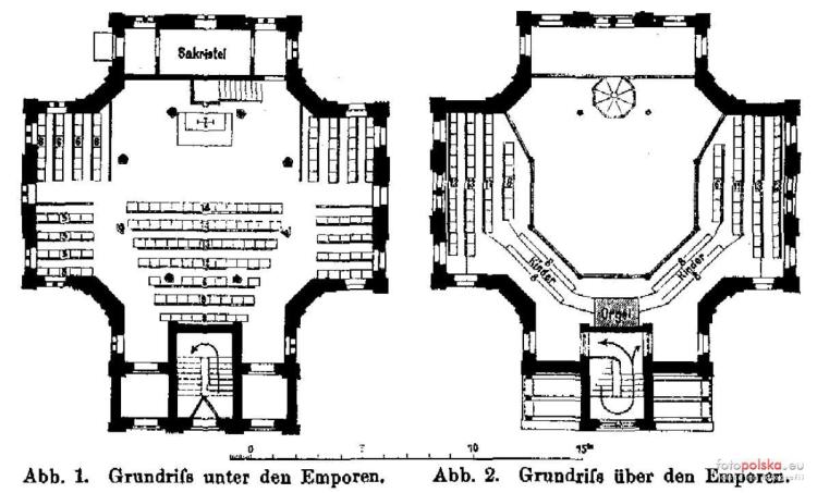 1894 , Nowo wybudowany kościół ewangelicki. Po lewej rzut z poziomu posadzki, po prawej rzut z poziomu empory.