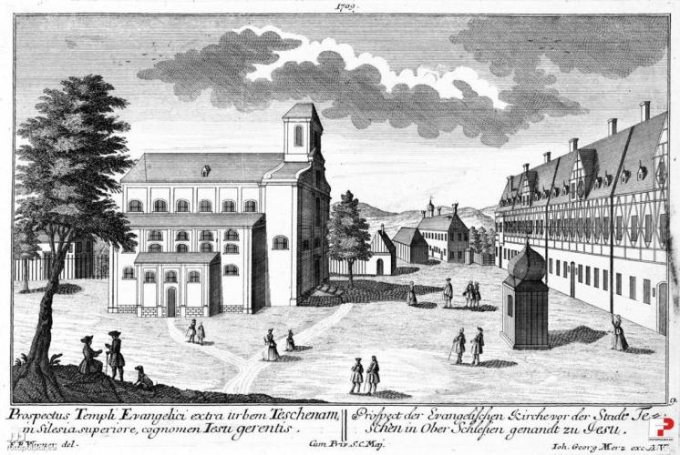 1734 , Kościół Łaski w Cieszynie - miedzioryt wg. grafiki F. B. Wernera.