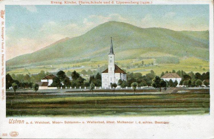 1902 , Widok na kościół ewangelicki z przyległościami. Za nim szczyt Lipowski Groń.