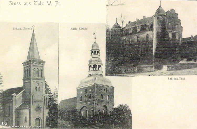 Lata 1905-1910 , Widok zamku,kościoła katolickiego i kościoła ewangelickiego