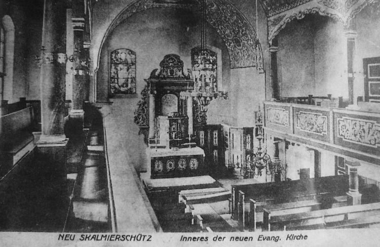 Nowe Skalmierzyce - wnętrze dawnego kościoła ewangelickiego - pocztówka sprzed 1918 r.